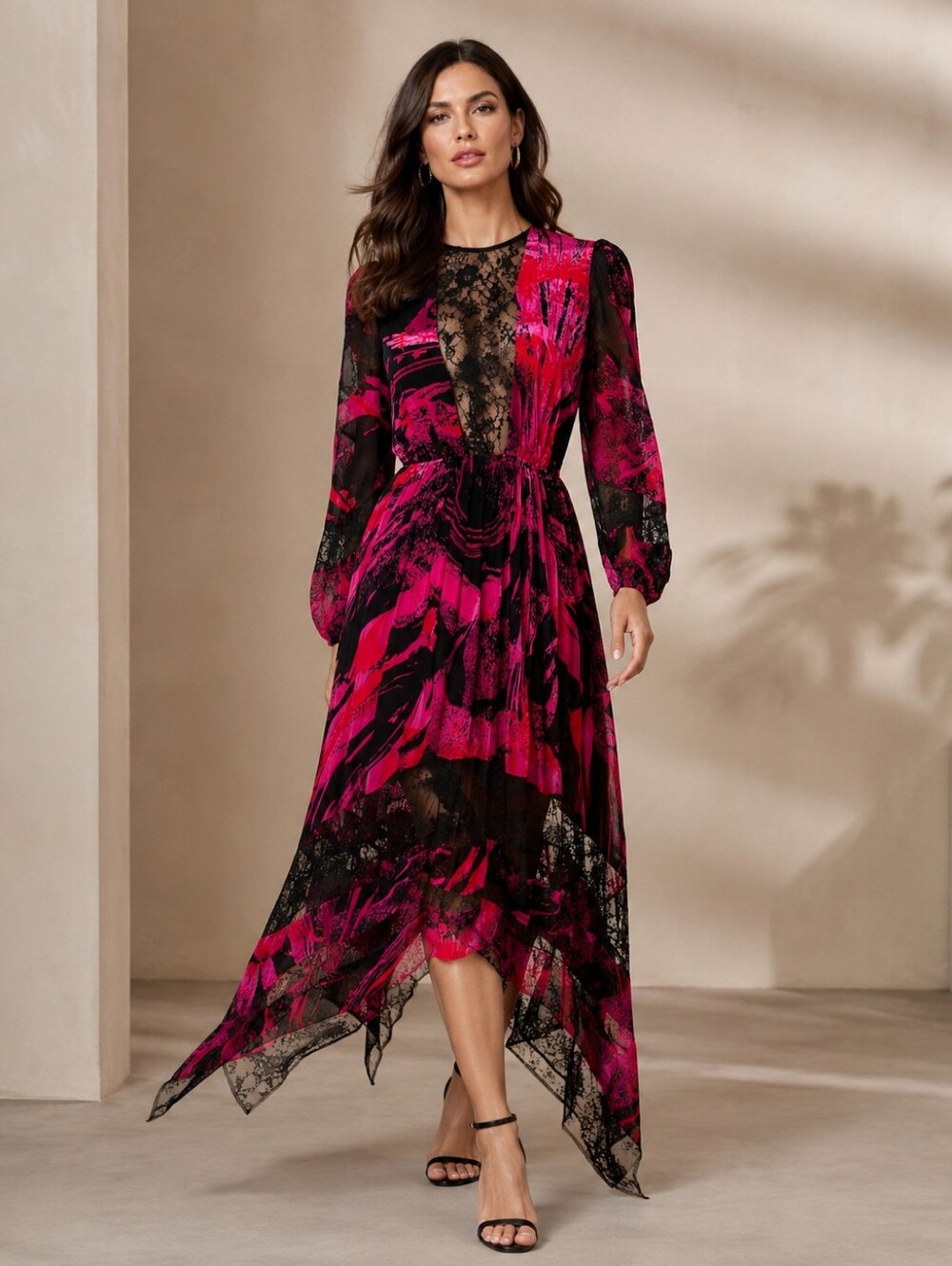 NWT BCBGMaxAzria Fuchsia & Black Lace-Trim Handkerchief Hem Velour Maxi Sz XS